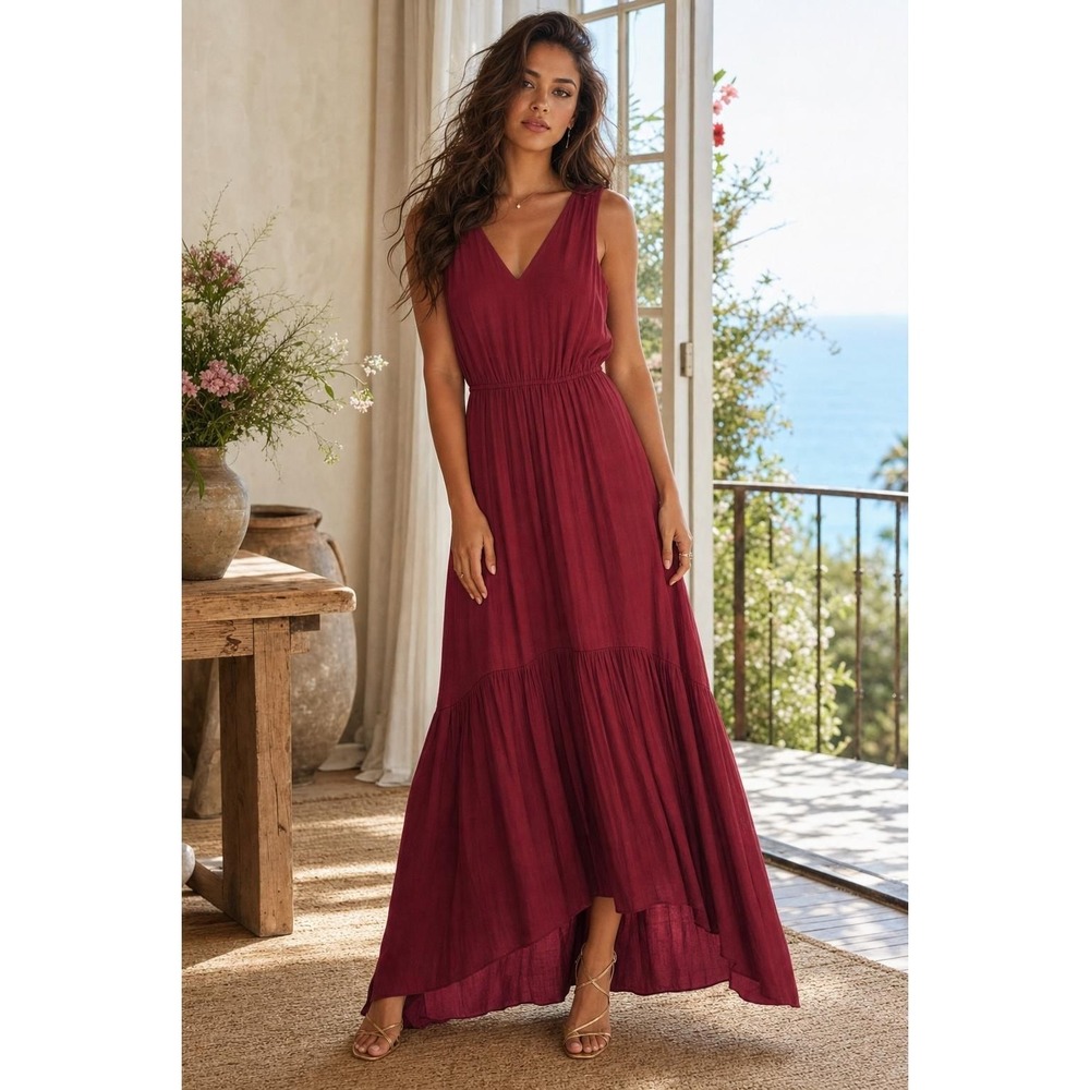 Banana Republic Maxi Dress Women's XS Tall Maroon Tiered Boho Goddess Romantic
